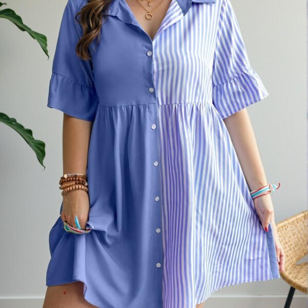 Elegant Baby Blue Stylish Striped Spliced Front Button Shirt Dress Perfect for Spring and Summer Casual Outings "Chic, Classy and Trendy Fashion Style to Dress to Impress"