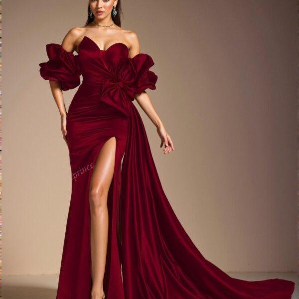 Elegant Burgundy Off-Shoulder Ruffle Satin Gown, Chic Party Dress for Women, Ideal for Weddings and Formal Events, Perfect for party, prom, graduation day, and ceremony for university, college, and high school, Formal Evening Dinner Cocktail, Wedding Guest Gown, Chic, Classy and Trendy Fashion Style to Dress to Impress.