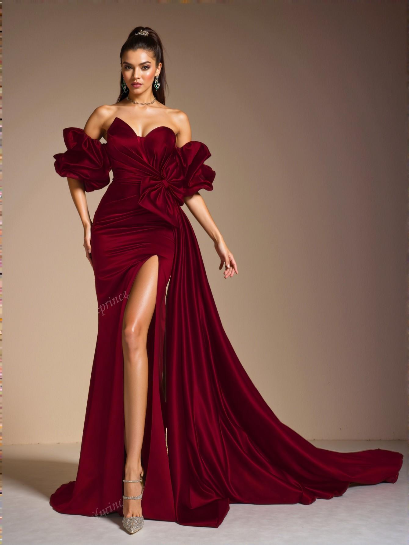 Elegant Burgundy Off-Shoulder Ruffle Satin Gown, Chic Party Dress for Women, Ideal for Weddings and Formal Events, Perfect for party, prom, graduation day, and ceremony for university, college, and high school, Formal Evening Dinner Cocktail, Wedding Guest Gown, Chic, Classy and Trendy Fashion Style to Dress to Impress.