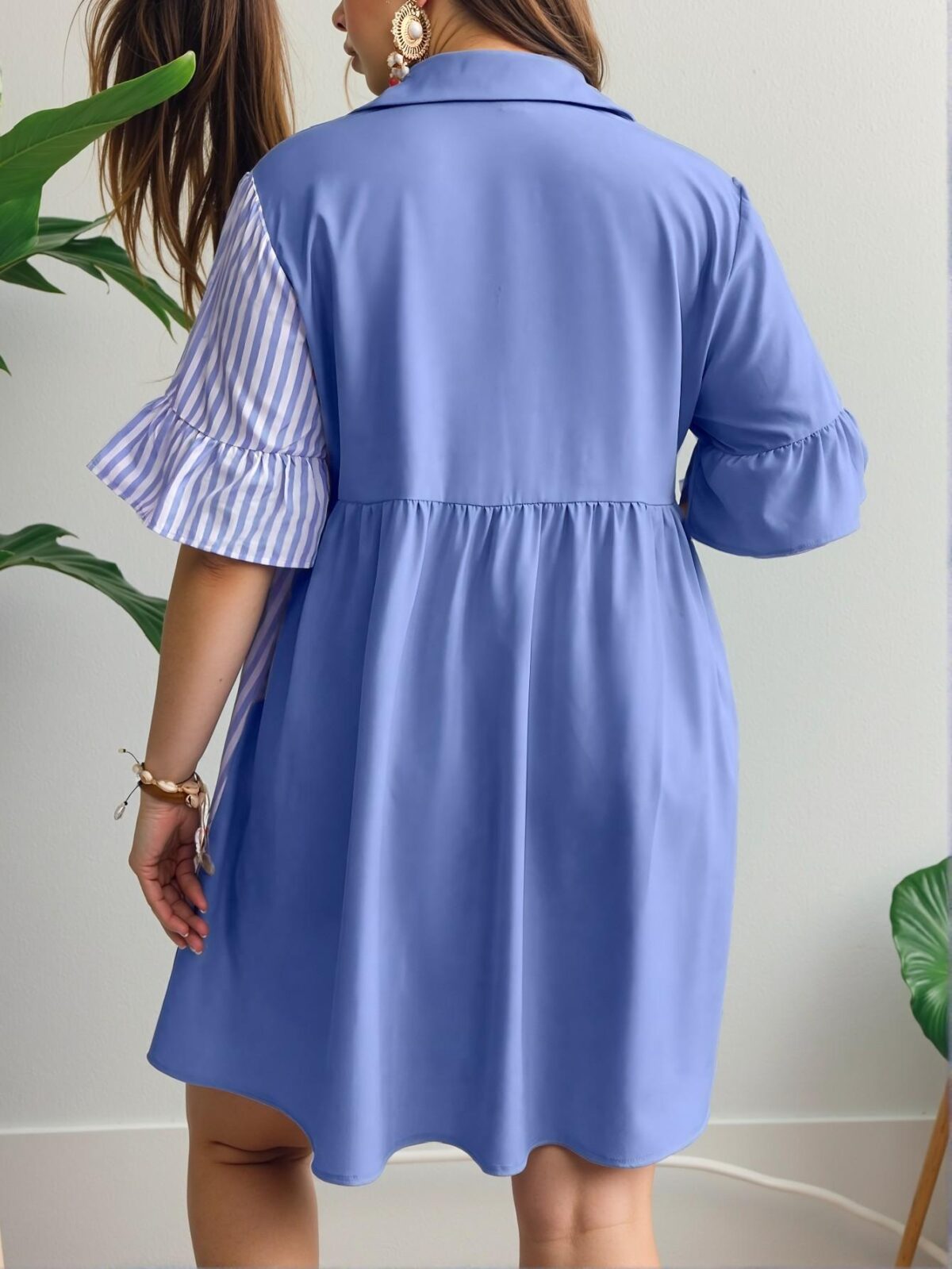 Elegant Baby Blue Stylish Striped Spliced Front Button Shirt Dress Perfect for Spring and Summer Casual Outings "Chic, Classy and Trendy Fashion Style to Dress to Impress" - Image 2