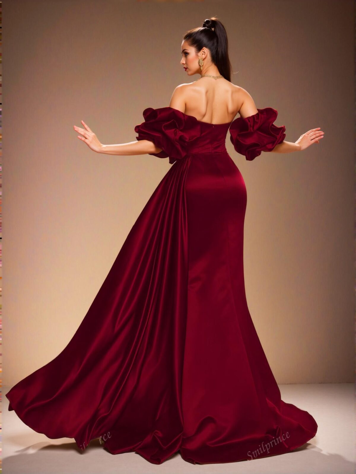 Elegant Burgundy Off-Shoulder Ruffle Satin Gown, Chic Party Dress for Women, Ideal for Weddings and Formal Events, Perfect for party, prom, graduation day, and ceremony for university, college, and high school, Formal Evening Dinner Cocktail, Wedding Guest Gown, Chic, Classy and Trendy Fashion Style to Dress to Impress. - Image 2