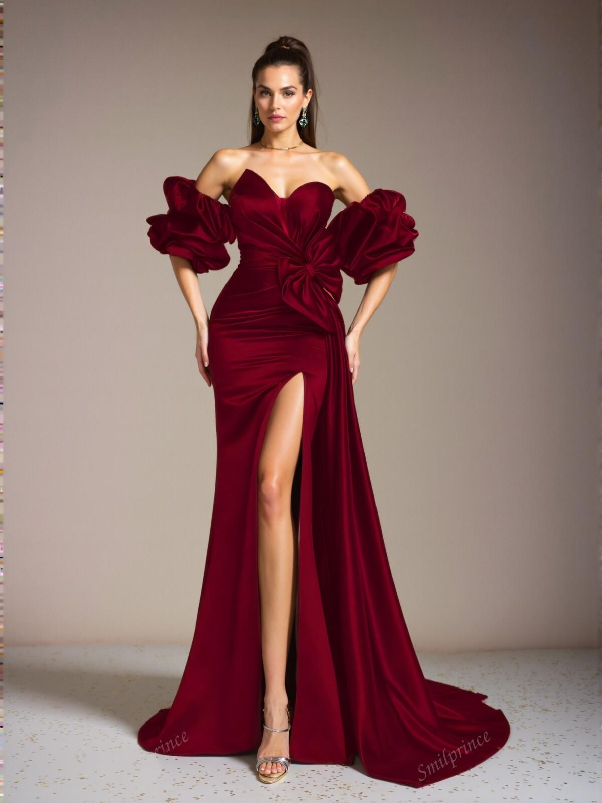 Elegant Burgundy Off-Shoulder Ruffle Satin Gown, Chic Party Dress for Women, Ideal for Weddings and Formal Events, Perfect for party, prom, graduation day, and ceremony for university, college, and high school, Formal Evening Dinner Cocktail, Wedding Guest Gown, Chic, Classy and Trendy Fashion Style to Dress to Impress. - Image 3