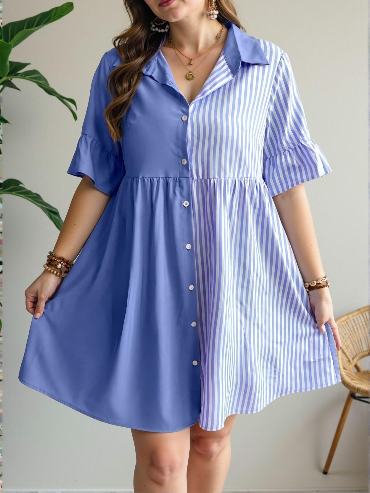 Elegant Baby Blue Stylish Striped Spliced Front Button Shirt Dress Perfect for Spring and Summer Casual Outings "Chic, Classy and Trendy Fashion Style to Dress to Impress" - Image 3