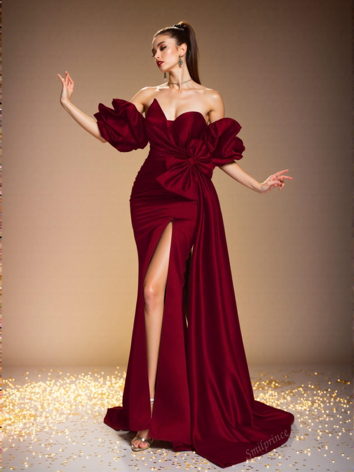 Elegant Burgundy Off-Shoulder Ruffle Satin Gown, Chic Party Dress for Women, Ideal for Weddings and Formal Events, Perfect for party, prom, graduation day, and ceremony for university, college, and high school, Formal Evening Dinner Cocktail, Wedding Guest Gown, Chic, Classy and Trendy Fashion Style to Dress to Impress. - Image 4