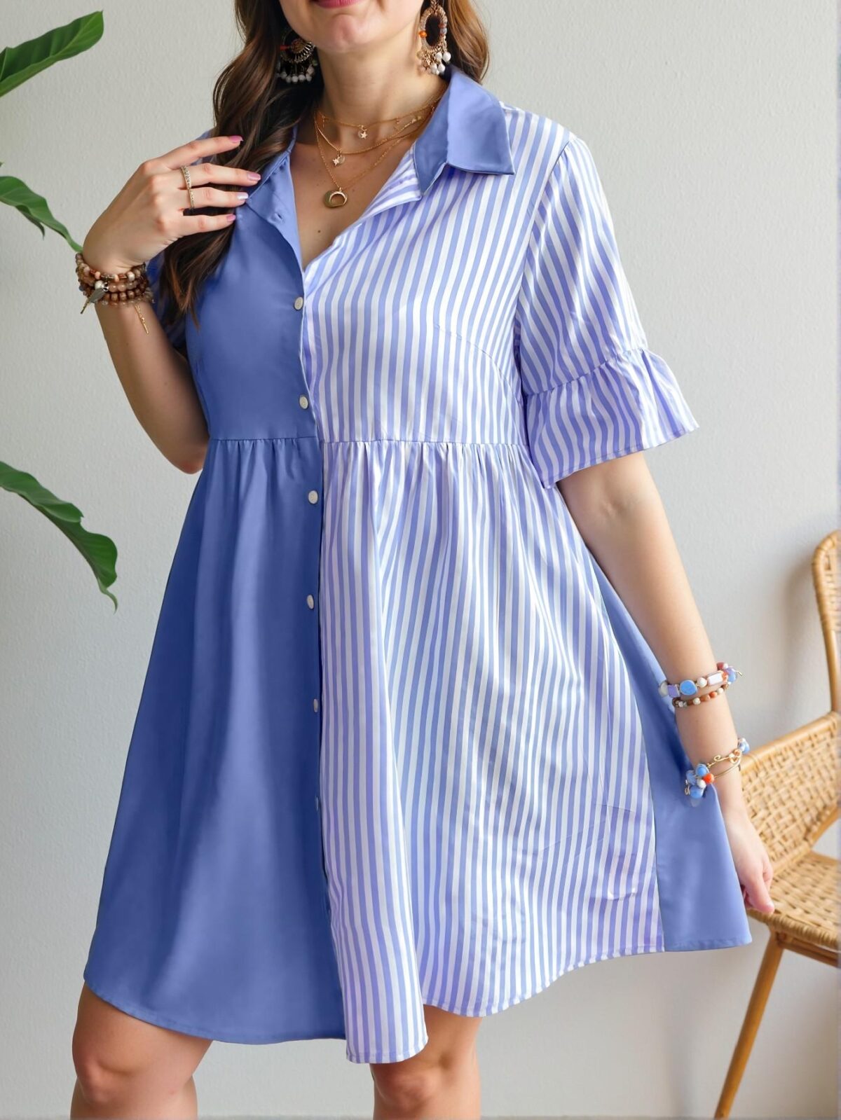 Elegant Baby Blue Stylish Striped Spliced Front Button Shirt Dress Perfect for Spring and Summer Casual Outings "Chic, Classy and Trendy Fashion Style to Dress to Impress" - Image 4