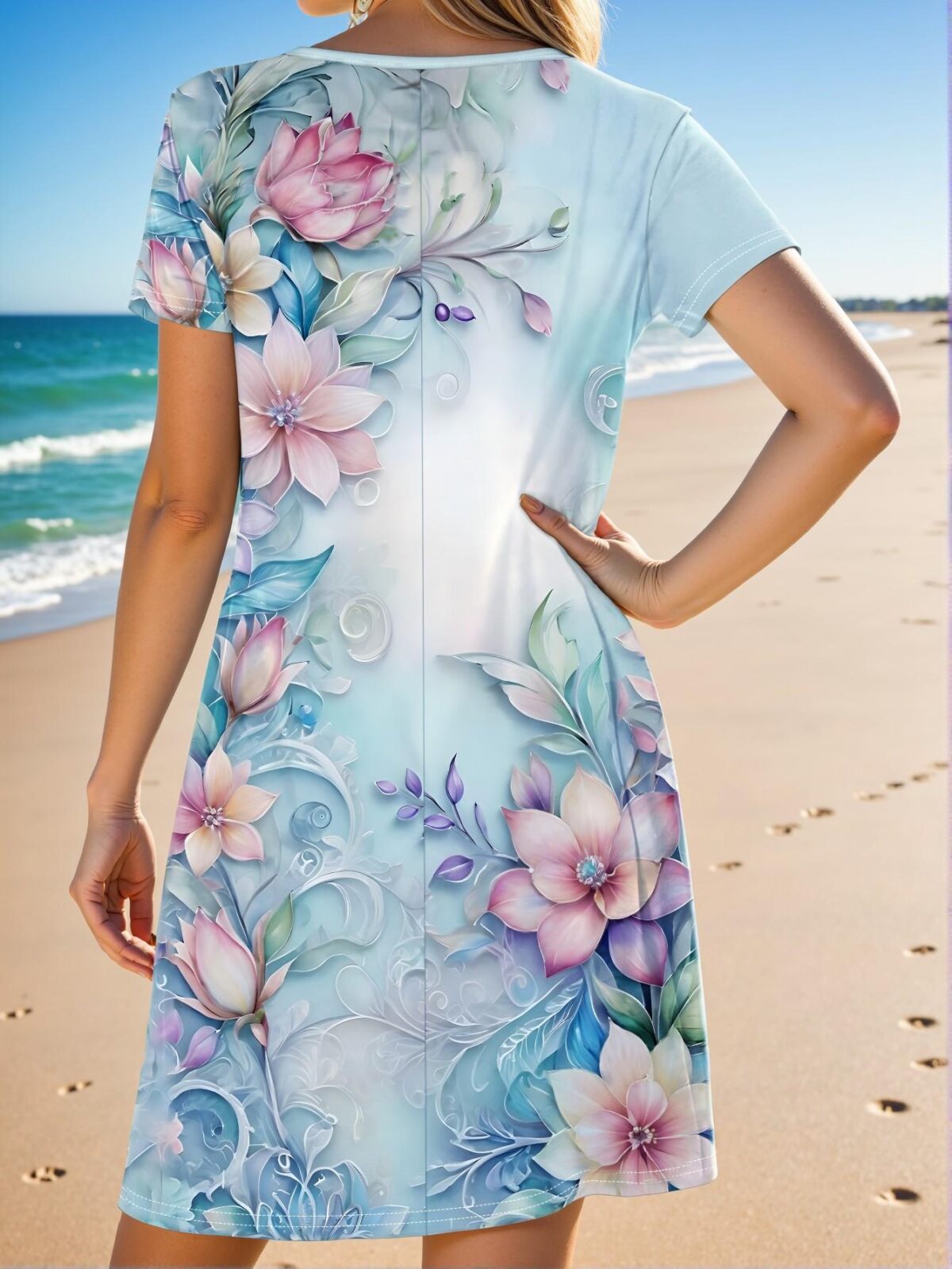 Elegant Multicolor Floral Print V-Neck Short Sleeve A-Line Casual Dress for Spring/Summer - Chic, Classy and Trendy Fashion Style to Dress to Impress - Image 2
