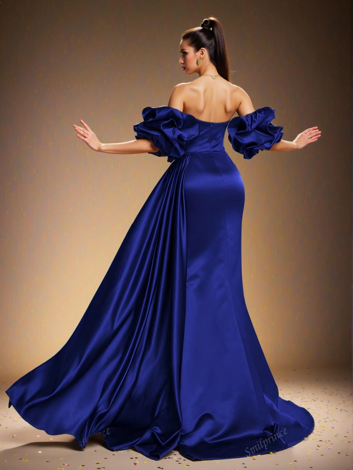 Elegant Royal Blue Off-Shoulder Ruffle Bow Satin Sheath Evening Gown, Perfect for party, prom, graduation day, and ceremony for university, college, and high school, Formal Evening Dinner Cocktail, Wedding Guest Gown, Chic, Classy and Trendy Fashion Style to Dress to Impress - Image 2