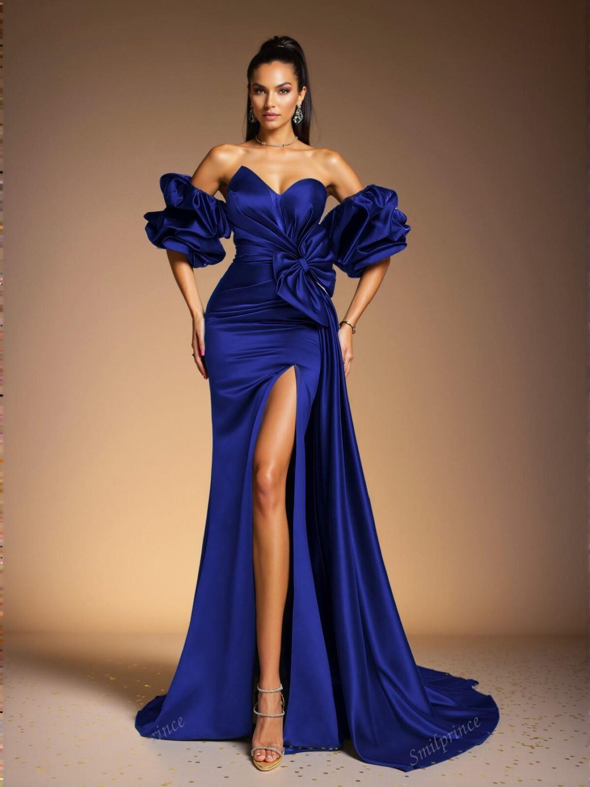 Elegant Royal Blue Off-Shoulder Ruffle Bow Satin Sheath Evening Gown, Perfect for party, prom, graduation day, and ceremony for university, college, and high school, Formal Evening Dinner Cocktail, Wedding Guest Gown, Chic, Classy and Trendy Fashion Style to Dress to Impress - Image 3