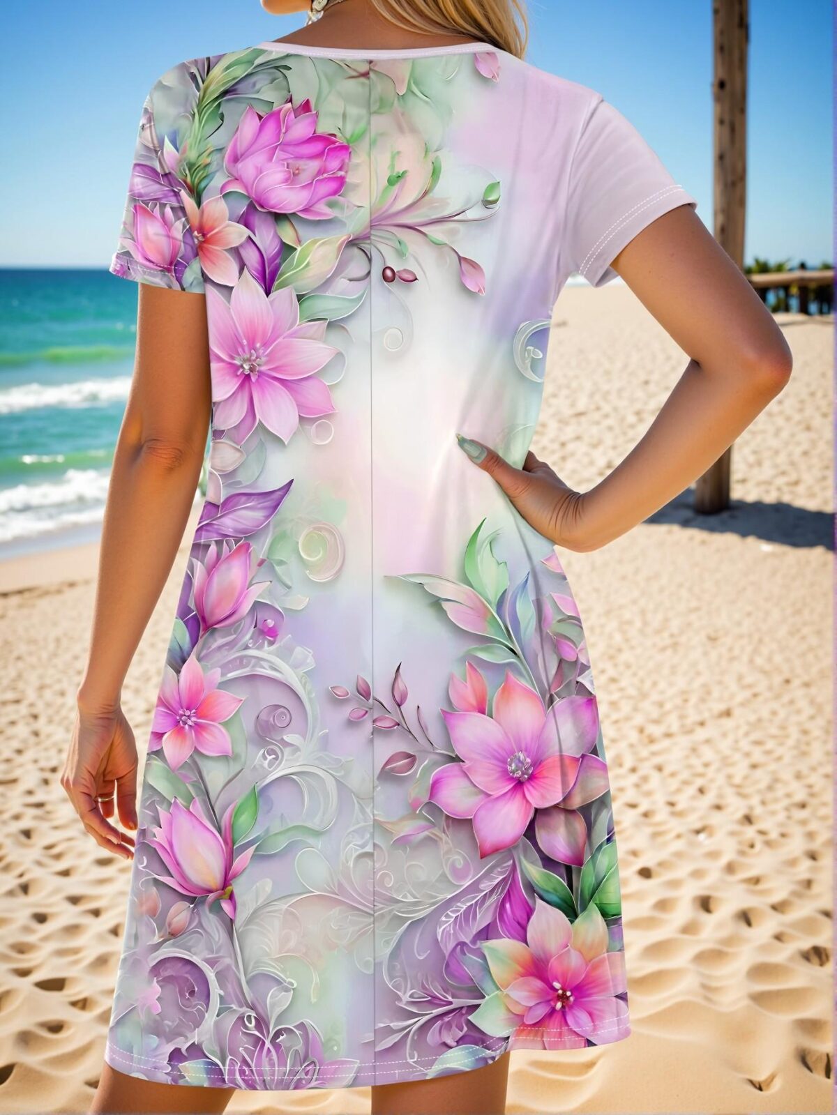 Elegant Multicolor Flowy Floral Print V-Neck A-Line Dress for Spring and Summer Beach Outings - Chic, Classy and Trendy Fashion Style to Dress to Impress - Image 2