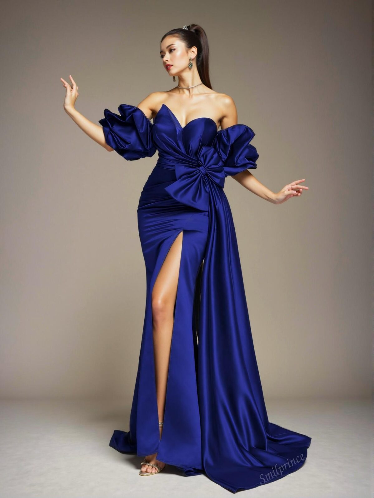 Elegant Royal Blue Off-Shoulder Ruffle Bow Satin Sheath Evening Gown, Perfect for party, prom, graduation day, and ceremony for university, college, and high school, Formal Evening Dinner Cocktail, Wedding Guest Gown, Chic, Classy and Trendy Fashion Style to Dress to Impress - Image 4
