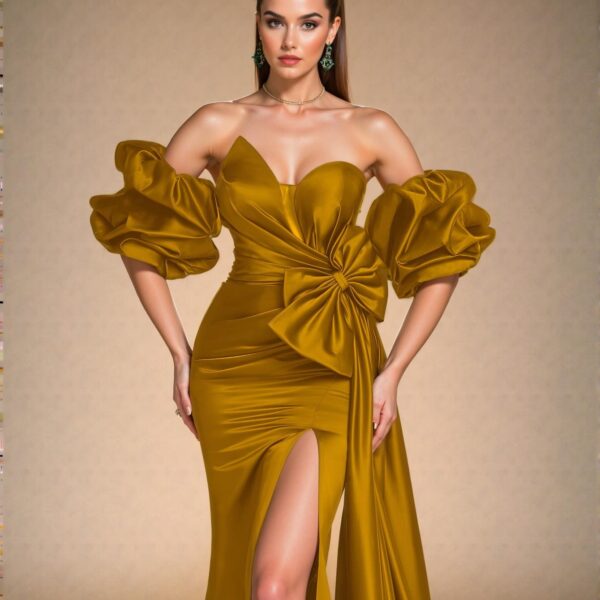 Elegant Gold Off-Shoulder Ruffle Satin Evening Dress with Bow Detail, Perfect for party, prom, graduation day, and ceremony for university, college, and high school, Formal Evening Dinner Cocktail, Wedding Guest Gown, Chic, Classy and Trendy Fashion Style to Dress to Impress.