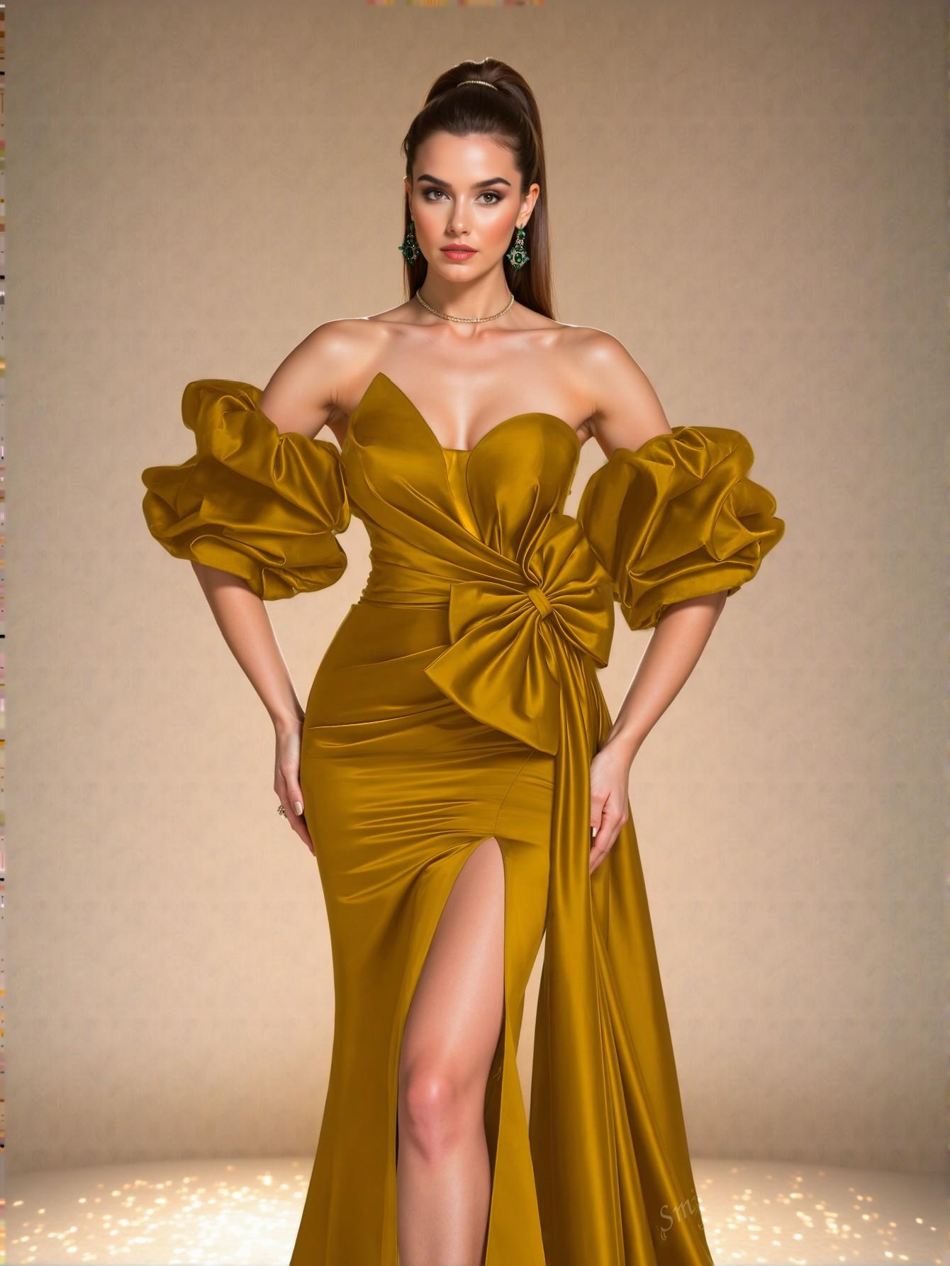 Elegant Gold Off-Shoulder Ruffle Satin Evening Dress with Bow Detail, Perfect for party, prom, graduation day, and ceremony for university, college, and high school, Formal Evening Dinner Cocktail, Wedding Guest Gown, Chic, Classy and Trendy Fashion Style to Dress to Impress.