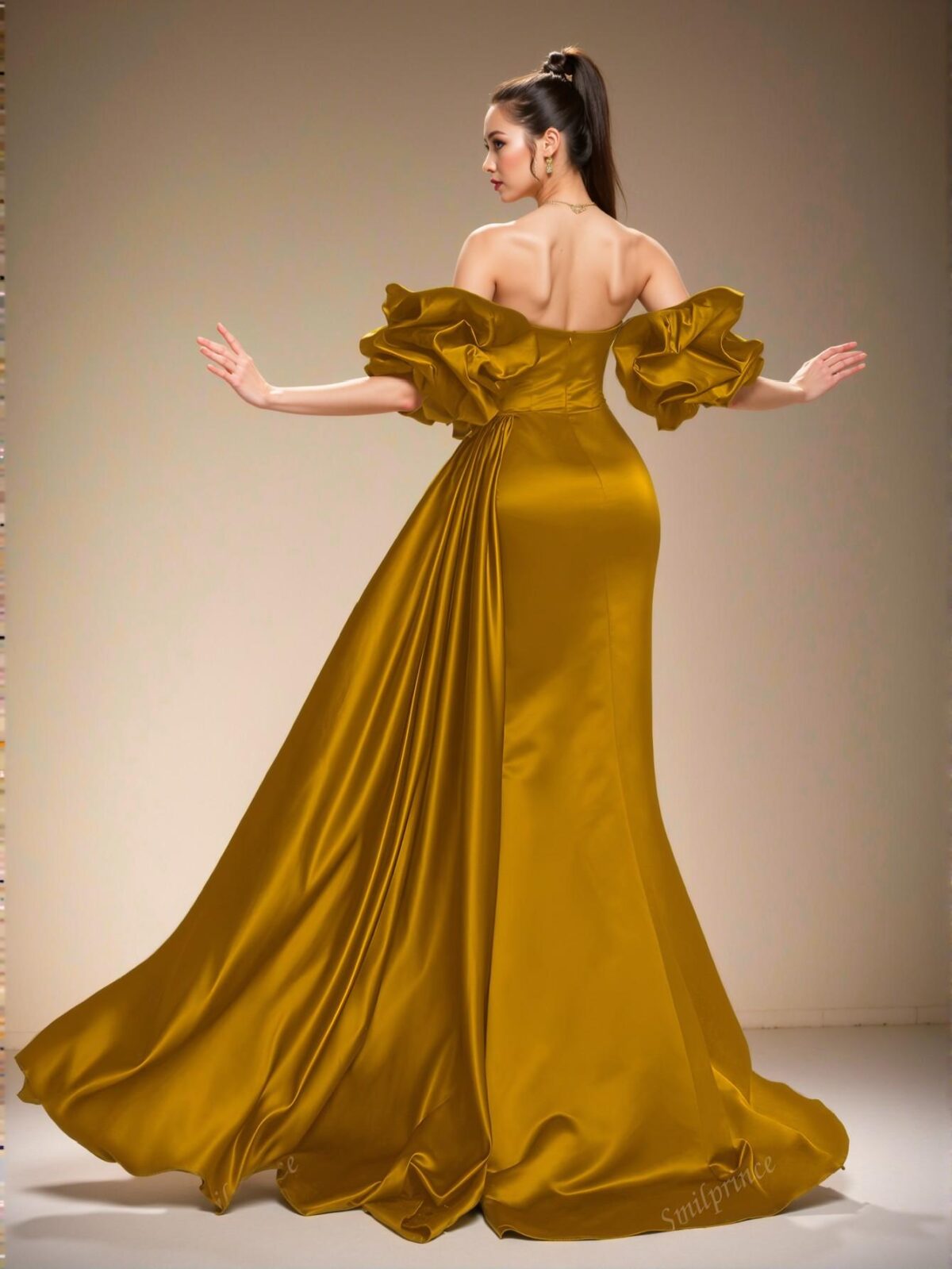 Elegant Gold Off-Shoulder Ruffle Satin Evening Dress with Bow Detail, Perfect for party, prom, graduation day, and ceremony for university, college, and high school, Formal Evening Dinner Cocktail, Wedding Guest Gown, Chic, Classy and Trendy Fashion Style to Dress to Impress. - Image 2