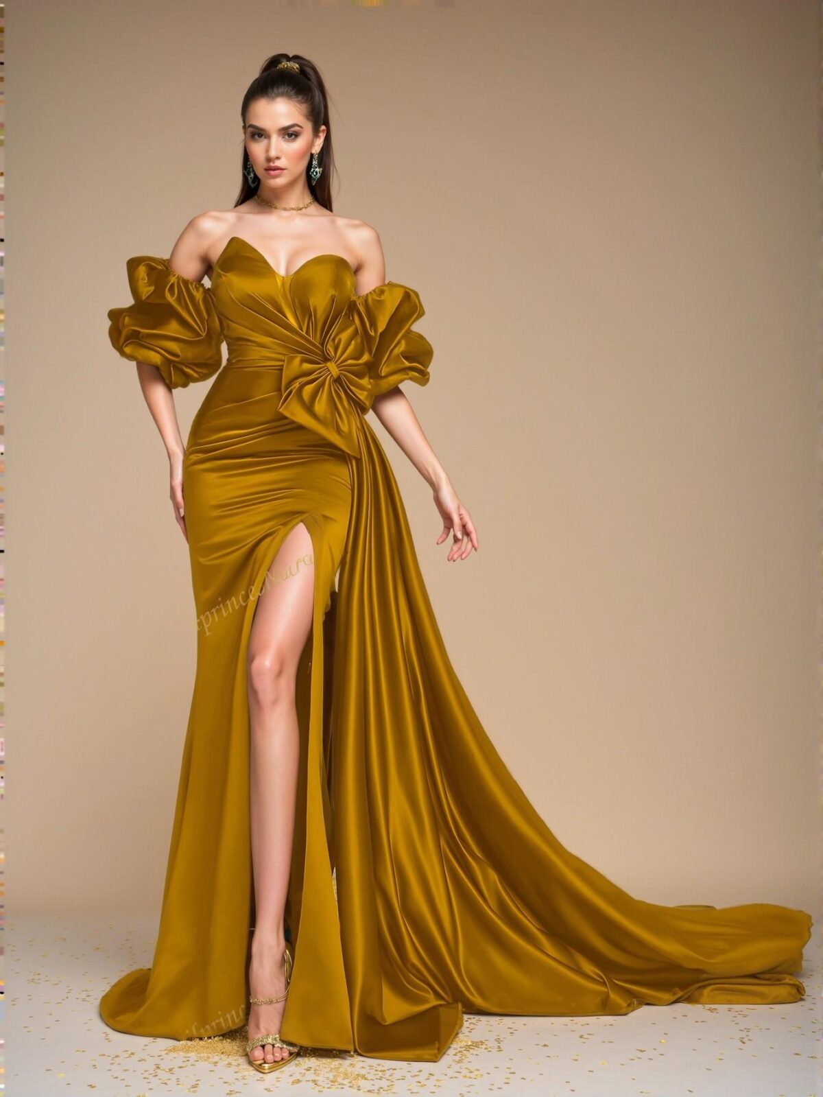 Elegant Gold Off-Shoulder Ruffle Satin Evening Dress with Bow Detail, Perfect for party, prom, graduation day, and ceremony for university, college, and high school, Formal Evening Dinner Cocktail, Wedding Guest Gown, Chic, Classy and Trendy Fashion Style to Dress to Impress. - Image 3