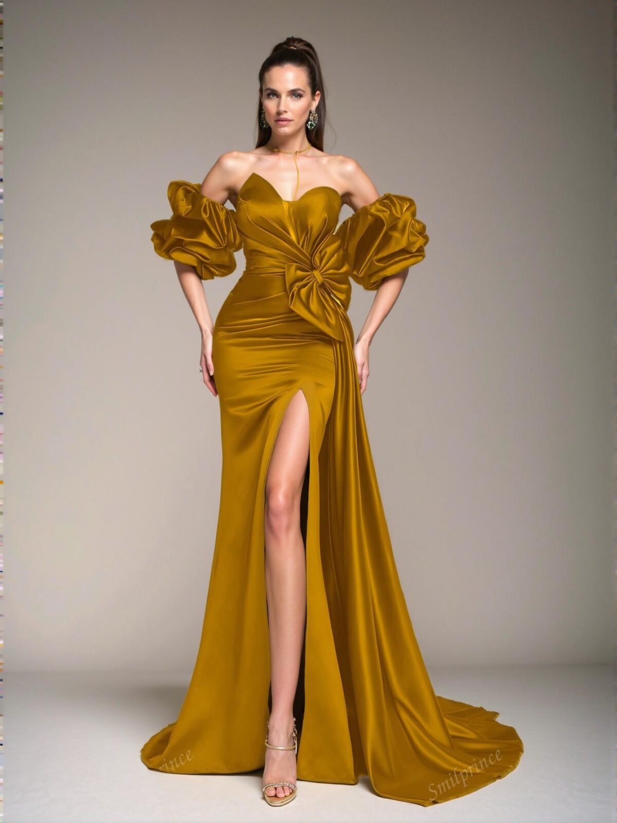 Elegant Gold Off-Shoulder Ruffle Satin Evening Dress with Bow Detail, Perfect for party, prom, graduation day, and ceremony for university, college, and high school, Formal Evening Dinner Cocktail, Wedding Guest Gown, Chic, Classy and Trendy Fashion Style to Dress to Impress. - Image 4