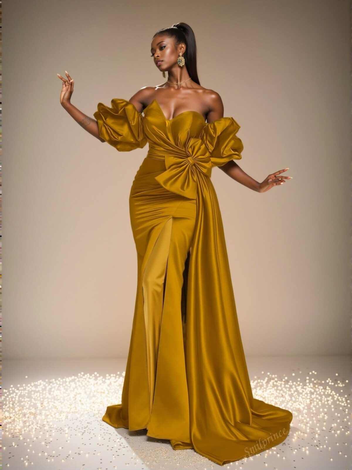 Elegant Gold Off-Shoulder Ruffle Satin Evening Dress with Bow Detail, Perfect for party, prom, graduation day, and ceremony for university, college, and high school, Formal Evening Dinner Cocktail, Wedding Guest Gown, Chic, Classy and Trendy Fashion Style to Dress to Impress. - Image 5