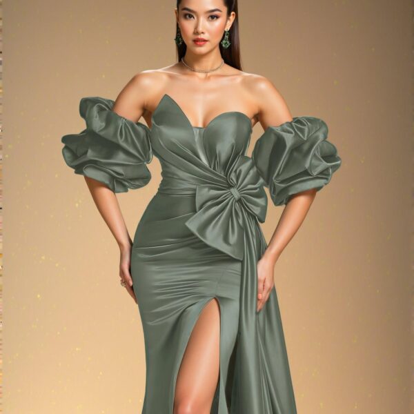 Elegant Sage Green Off-Shoulder Ruffle Satin Sheath Evening Dress - Chic and Classy Gown for Formal Events, Prom, and Wedding Guests. Perfect for party, prom, graduation day, and ceremony for university, college, and high school, Formal Evening Dinner Cocktail, Wedding Guest Gown, Chic, Classy and Trendy Fashion Style to Dress to Impress.