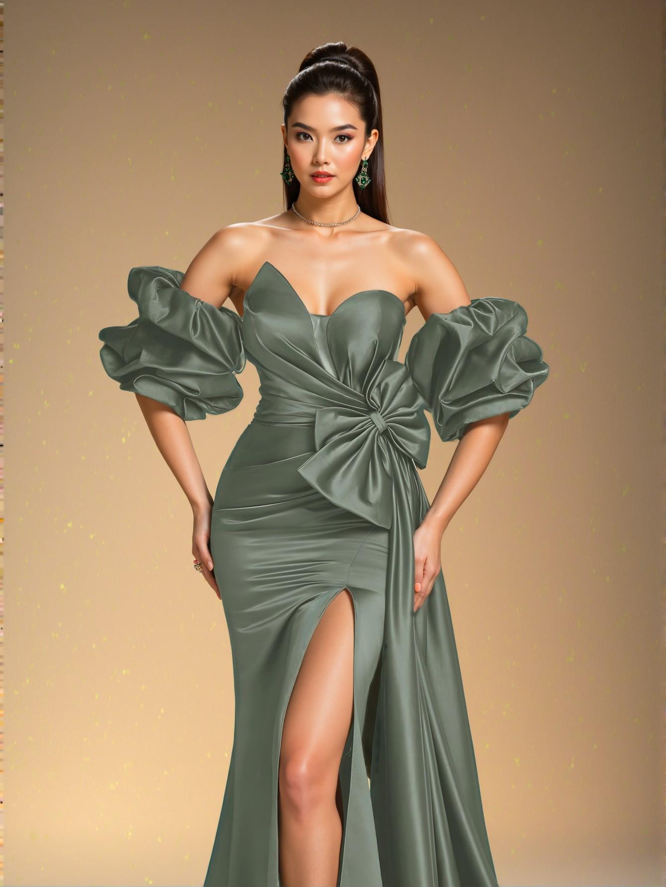Elegant Sage Green Off-Shoulder Ruffle Satin Sheath Evening Dress - Chic and Classy Gown for Formal Events, Prom, and Wedding Guests. Perfect for party, prom, graduation day, and ceremony for university, college, and high school, Formal Evening Dinner Cocktail, Wedding Guest Gown, Chic, Classy and Trendy Fashion Style to Dress to Impress.