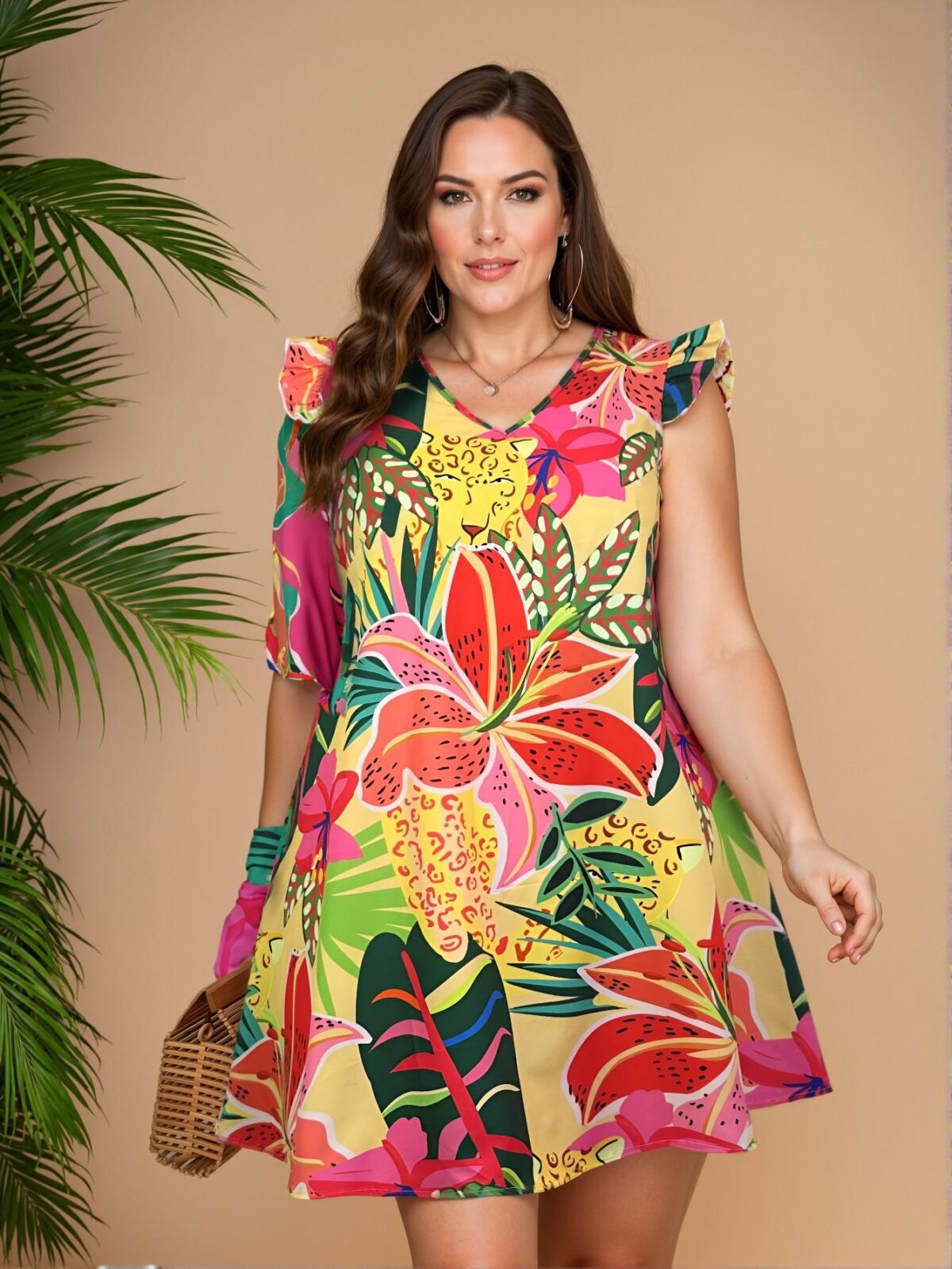 Elegant Mustard Yellow Tropical Plant Print V-Neck Cap Sleeve Dress for Spring and Summer Getaway Chic, Classy and Trendy Fashion Style to Dress to Impress - Image 3