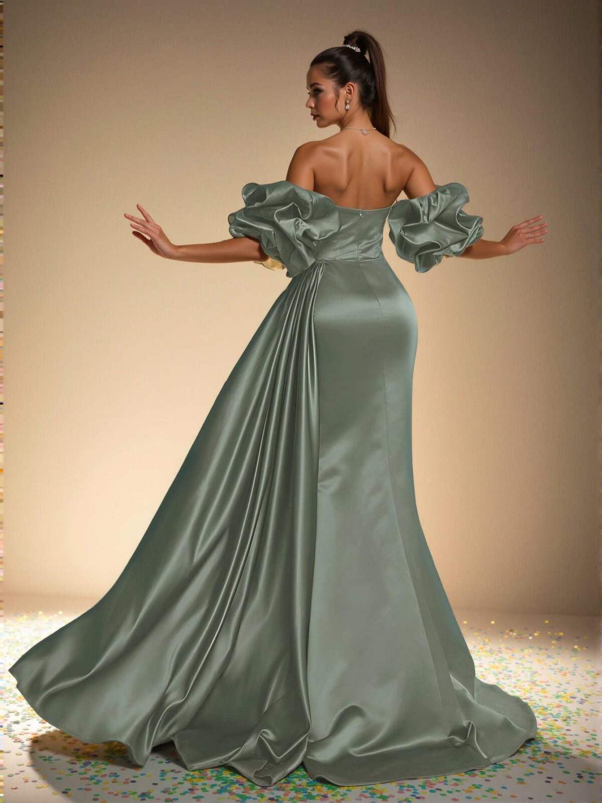 Elegant Sage Green Off-Shoulder Ruffle Satin Sheath Evening Dress - Chic and Classy Gown for Formal Events, Prom, and Wedding Guests. Perfect for party, prom, graduation day, and ceremony for university, college, and high school, Formal Evening Dinner Cocktail, Wedding Guest Gown, Chic, Classy and Trendy Fashion Style to Dress to Impress. - Image 2
