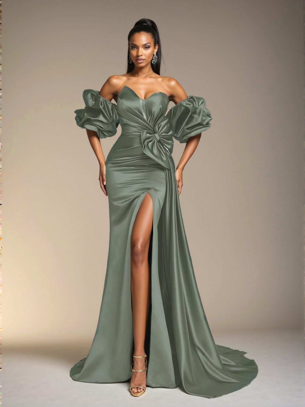 Elegant Sage Green Off-Shoulder Ruffle Satin Sheath Evening Dress - Chic and Classy Gown for Formal Events, Prom, and Wedding Guests. Perfect for party, prom, graduation day, and ceremony for university, college, and high school, Formal Evening Dinner Cocktail, Wedding Guest Gown, Chic, Classy and Trendy Fashion Style to Dress to Impress. - Image 3