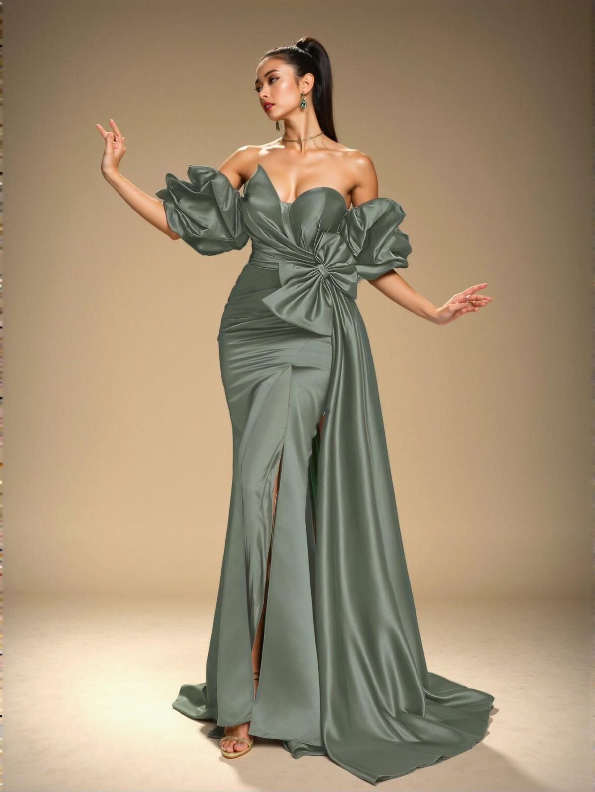 Elegant Sage Green Off-Shoulder Ruffle Satin Sheath Evening Dress - Chic and Classy Gown for Formal Events, Prom, and Wedding Guests. Perfect for party, prom, graduation day, and ceremony for university, college, and high school, Formal Evening Dinner Cocktail, Wedding Guest Gown, Chic, Classy and Trendy Fashion Style to Dress to Impress. - Image 4