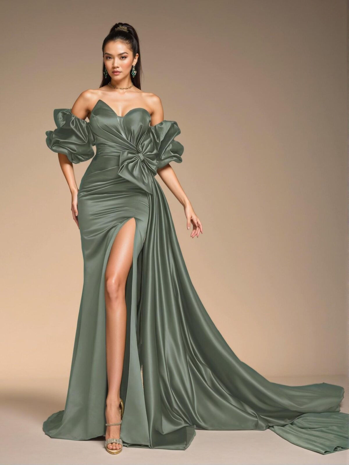 Elegant Sage Green Off-Shoulder Ruffle Satin Sheath Evening Dress - Chic and Classy Gown for Formal Events, Prom, and Wedding Guests. Perfect for party, prom, graduation day, and ceremony for university, college, and high school, Formal Evening Dinner Cocktail, Wedding Guest Gown, Chic, Classy and Trendy Fashion Style to Dress to Impress. - Image 5