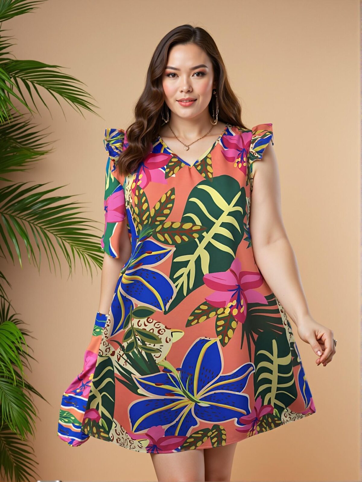 Elegant Multicolor Boho-Inspired Tropical Plant Print V-Neck Cap Sleeve Dress for Spring and Summer - Chic, Classy and Trendy Fashion Style to Dress to Impress - Image 3