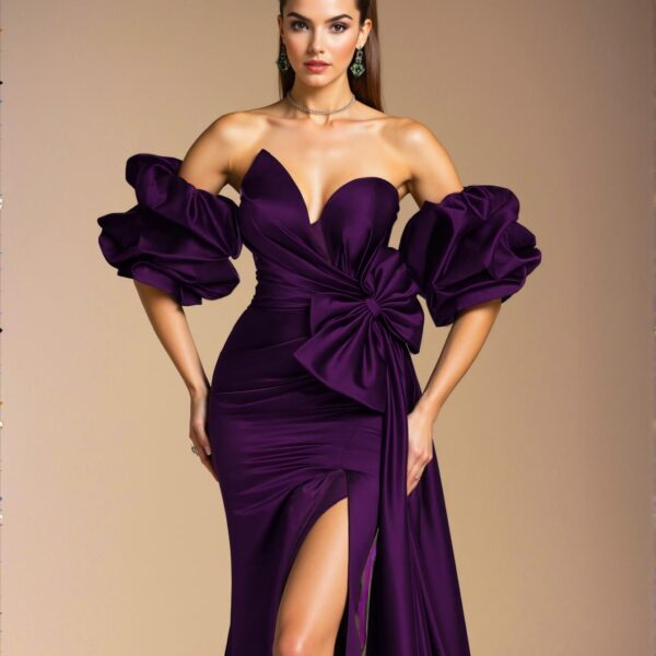 Elegant Purple Off-Shoulder Ruffle and Bow Satin Formal Evening Gown, Chic Sheath Design for Prom and Elegant Parties, Perfect for party, prom, graduation day, and ceremony for university, college, and high school, Formal Evening Dinner Cocktail, Wedding Guest Gown, Chic, Classy and Trendy Fashion Style to Dress to Impress