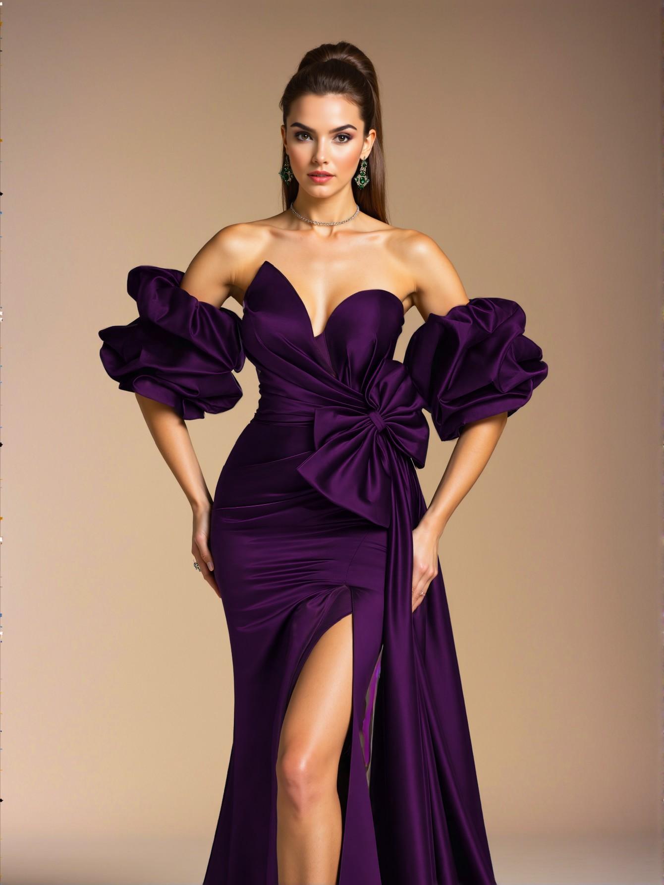 Elegant Purple Off-Shoulder Ruffle and Bow Satin Formal Evening Gown, Chic Sheath Design for Prom and Elegant Parties, Perfect for party, prom, graduation day, and ceremony for university, college, and high school, Formal Evening Dinner Cocktail, Wedding Guest Gown, Chic, Classy and Trendy Fashion Style to Dress to Impress