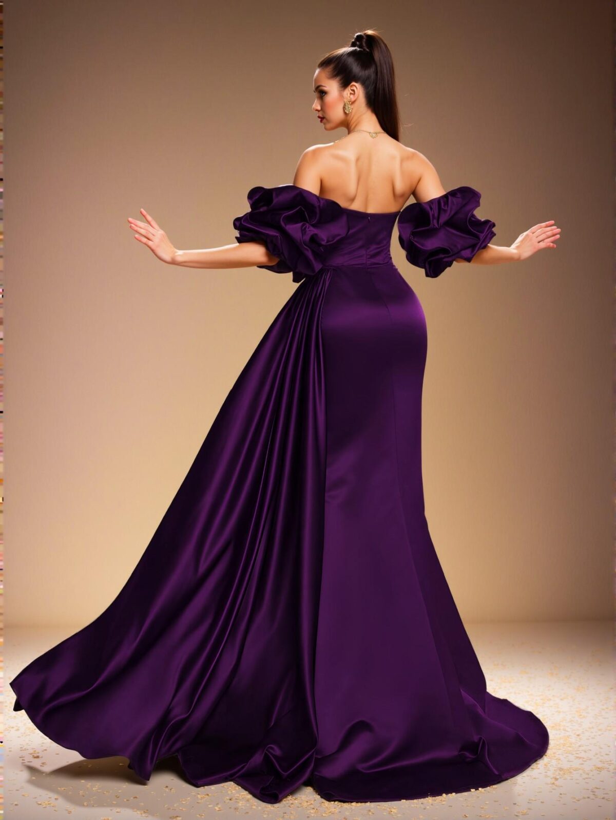 Elegant Purple Off-Shoulder Ruffle and Bow Satin Formal Evening Gown, Chic Sheath Design for Prom and Elegant Parties, Perfect for party, prom, graduation day, and ceremony for university, college, and high school, Formal Evening Dinner Cocktail, Wedding Guest Gown, Chic, Classy and Trendy Fashion Style to Dress to Impress - Image 2