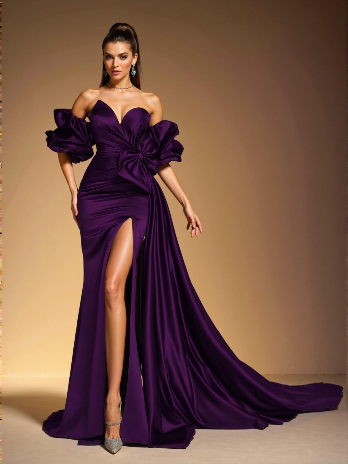 Elegant Purple Off-Shoulder Ruffle and Bow Satin Formal Evening Gown, Chic Sheath Design for Prom and Elegant Parties, Perfect for party, prom, graduation day, and ceremony for university, college, and high school, Formal Evening Dinner Cocktail, Wedding Guest Gown, Chic, Classy and Trendy Fashion Style to Dress to Impress - Image 3