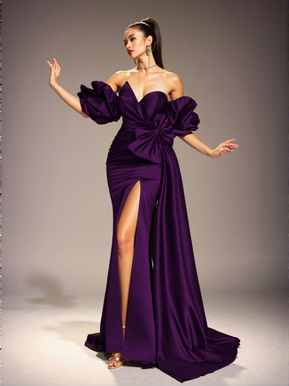 Elegant Purple Off-Shoulder Ruffle and Bow Satin Formal Evening Gown, Chic Sheath Design for Prom and Elegant Parties, Perfect for party, prom, graduation day, and ceremony for university, college, and high school, Formal Evening Dinner Cocktail, Wedding Guest Gown, Chic, Classy and Trendy Fashion Style to Dress to Impress - Image 4