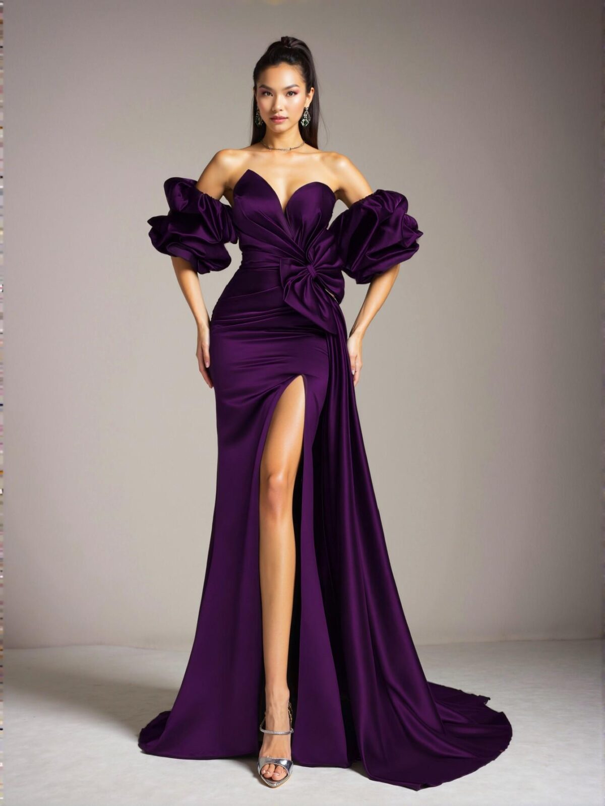 Elegant Purple Off-Shoulder Ruffle and Bow Satin Formal Evening Gown, Chic Sheath Design for Prom and Elegant Parties, Perfect for party, prom, graduation day, and ceremony for university, college, and high school, Formal Evening Dinner Cocktail, Wedding Guest Gown, Chic, Classy and Trendy Fashion Style to Dress to Impress - Image 5