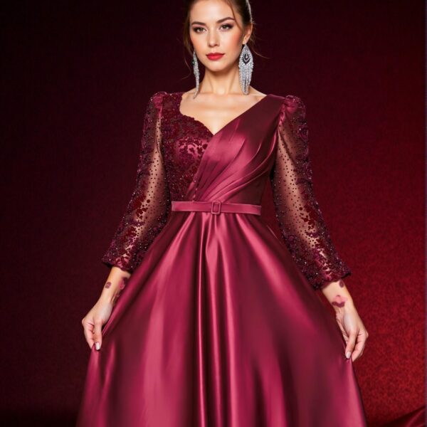 Elegant Burgundy Red Sheer Long Sleeve Beaded Sequin Patchwork Satin Dress with Detachable Belt, Ideal for Weddings, Parties, Vacations, Graduations, Proms, Mother of the Bride, and Formal Events. Perfect for party, prom, graduation day, and ceremony for university, college, and high school, Formal Evening Dinner Cocktail, Wedding Guest Gown, Chic, Classy and Trendy Fashion Style to Dress to Impress.