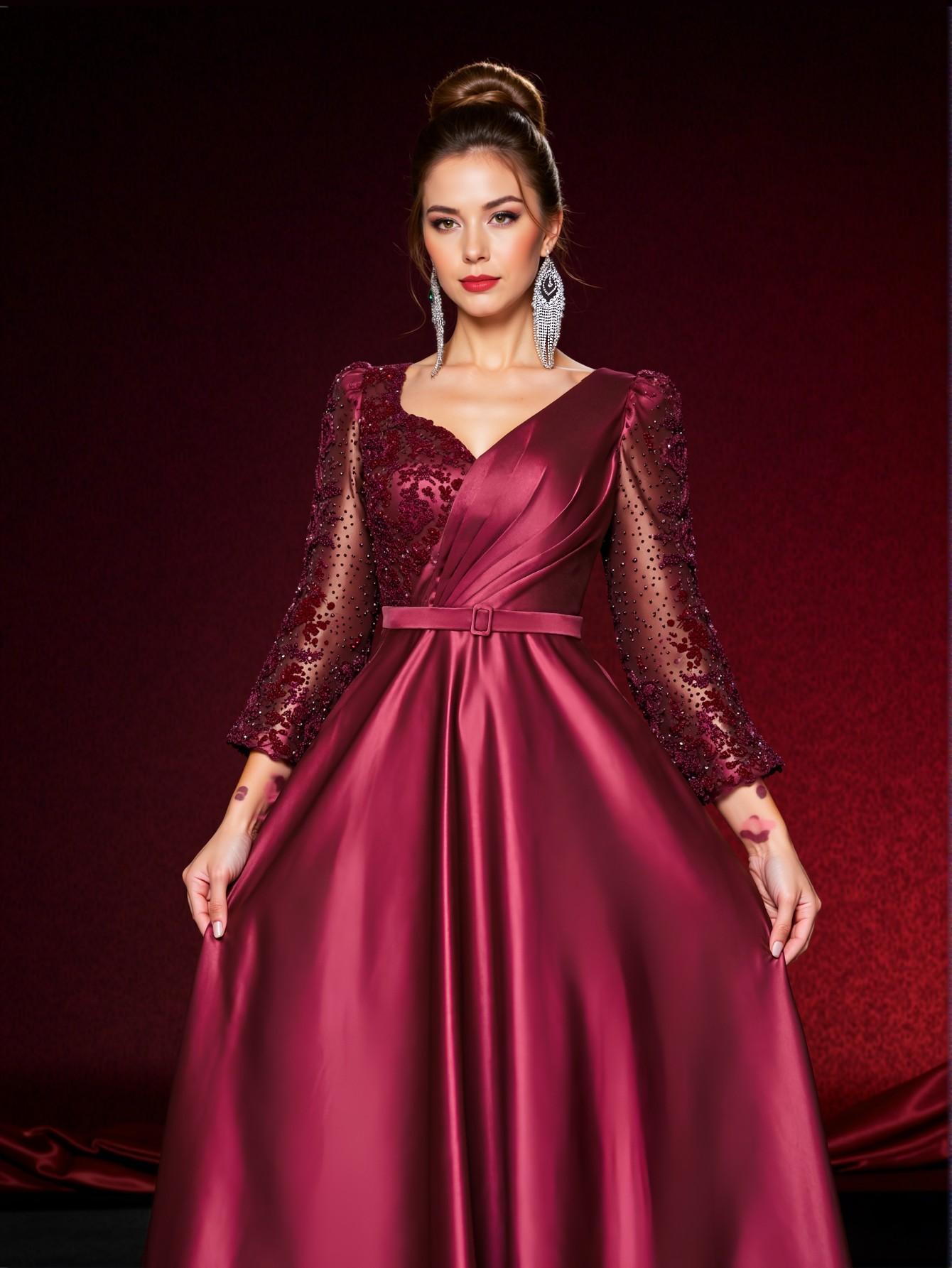 Elegant Burgundy Red Sheer Long Sleeve Beaded Sequin Patchwork Satin Dress with Detachable Belt, Ideal for Weddings, Parties, Vacations, Graduations, Proms, Mother of the Bride, and Formal Events. Perfect for party, prom, graduation day, and ceremony for university, college, and high school, Formal Evening Dinner Cocktail, Wedding Guest Gown, Chic, Classy and Trendy Fashion Style to Dress to Impress.