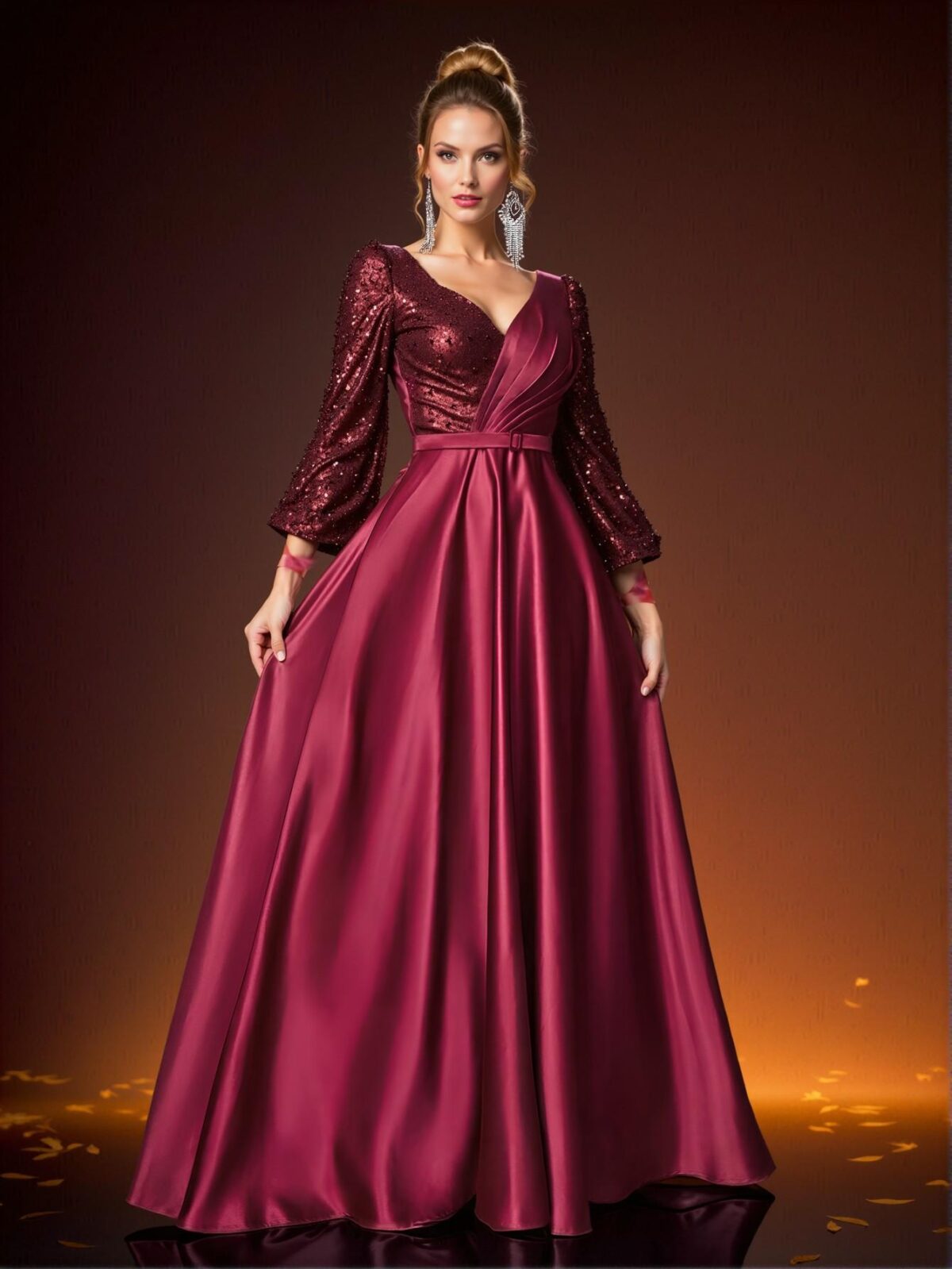 Elegant Burgundy Red Sheer Long Sleeve Beaded Sequin Patchwork Satin Dress with Detachable Belt, Ideal for Weddings, Parties, Vacations, Graduations, Proms, Mother of the Bride, and Formal Events. Perfect for party, prom, graduation day, and ceremony for university, college, and high school, Formal Evening Dinner Cocktail, Wedding Guest Gown, Chic, Classy and Trendy Fashion Style to Dress to Impress. - Image 2