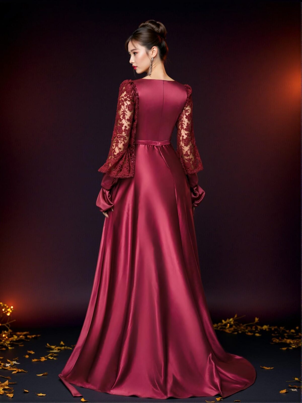 Elegant Burgundy Red Sheer Long Sleeve Beaded Sequin Patchwork Satin Dress with Detachable Belt, Ideal for Weddings, Parties, Vacations, Graduations, Proms, Mother of the Bride, and Formal Events. Perfect for party, prom, graduation day, and ceremony for university, college, and high school, Formal Evening Dinner Cocktail, Wedding Guest Gown, Chic, Classy and Trendy Fashion Style to Dress to Impress. - Image 3
