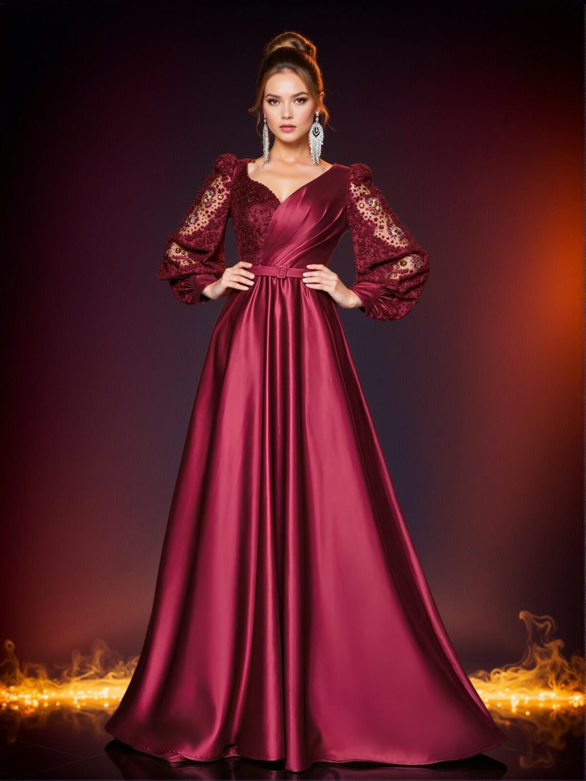 Elegant Burgundy Red Sheer Long Sleeve Beaded Sequin Patchwork Satin Dress with Detachable Belt, Ideal for Weddings, Parties, Vacations, Graduations, Proms, Mother of the Bride, and Formal Events. Perfect for party, prom, graduation day, and ceremony for university, college, and high school, Formal Evening Dinner Cocktail, Wedding Guest Gown, Chic, Classy and Trendy Fashion Style to Dress to Impress. - Image 4