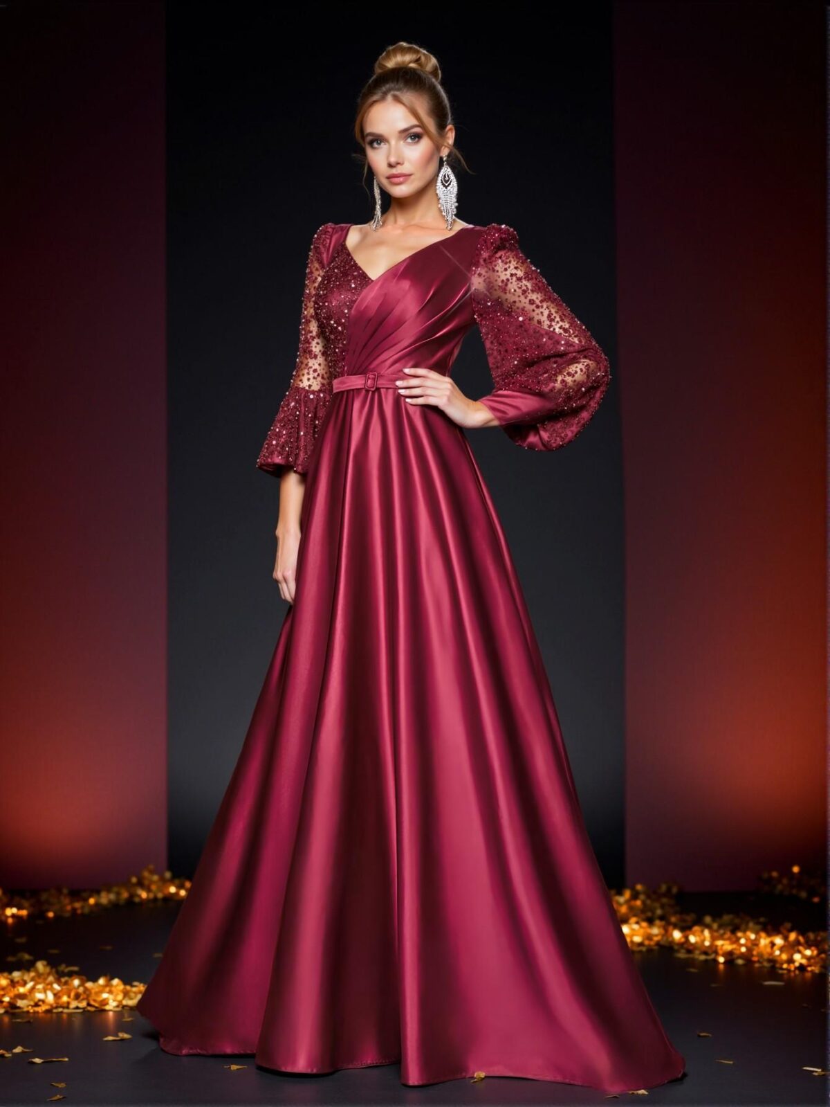 Elegant Burgundy Red Sheer Long Sleeve Beaded Sequin Patchwork Satin Dress with Detachable Belt, Ideal for Weddings, Parties, Vacations, Graduations, Proms, Mother of the Bride, and Formal Events. Perfect for party, prom, graduation day, and ceremony for university, college, and high school, Formal Evening Dinner Cocktail, Wedding Guest Gown, Chic, Classy and Trendy Fashion Style to Dress to Impress. - Image 5