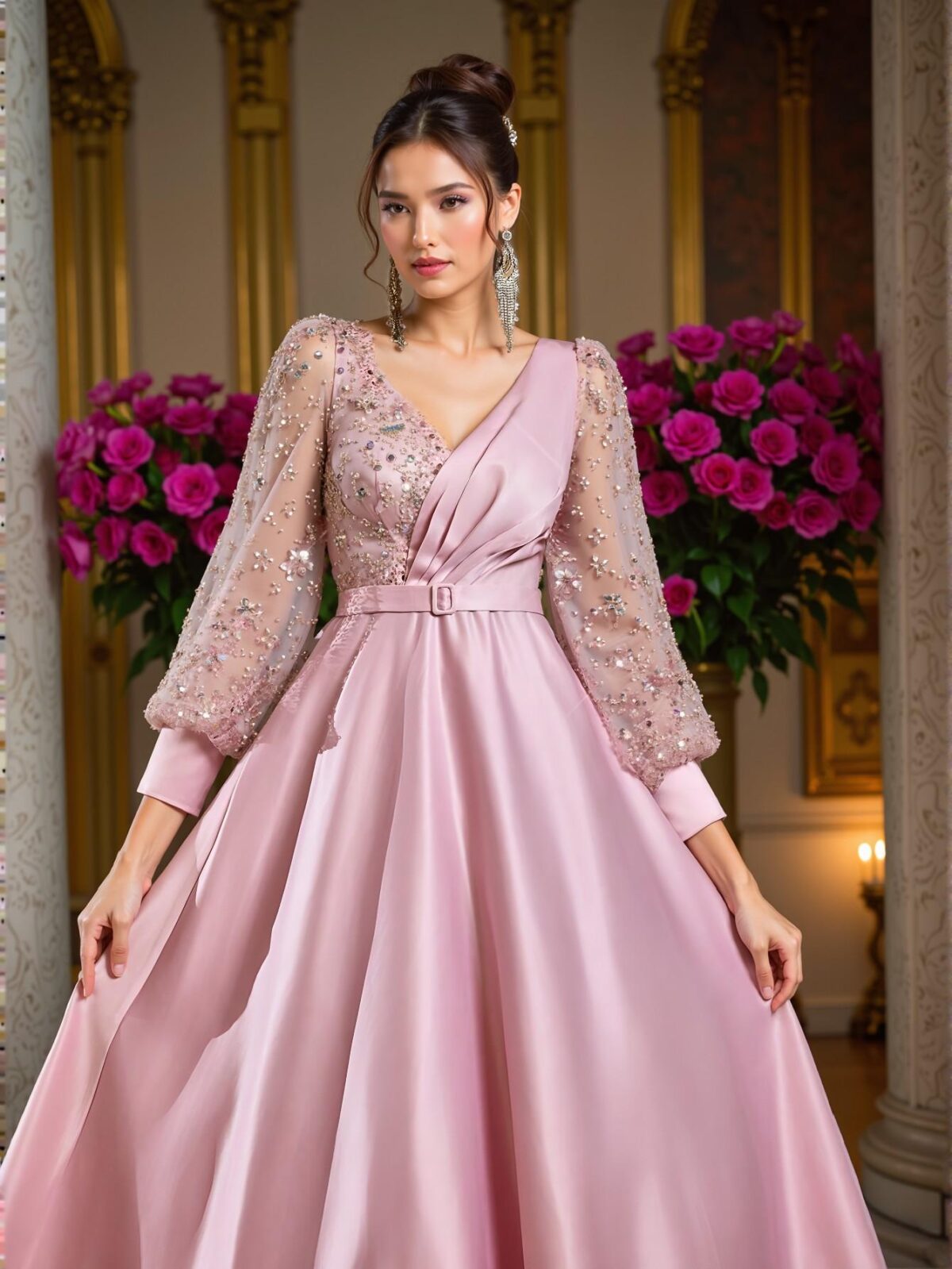 Elegant Pink Beaded Sequin Patchwork Satin Maxi Dress with Detachable Belt, Ideal for Weddings, Parties, Vacations, Graduations, Proms, Mother of the Bride, and Formal Evening Occasions. Perfect for party, prom, graduation day, and ceremony for university, college, and high school, Formal Evening Dinner Cocktail, Wedding Guest Gown, Chic, Classy and Trendy Fashion Style to Dress to Impress. - Image 2