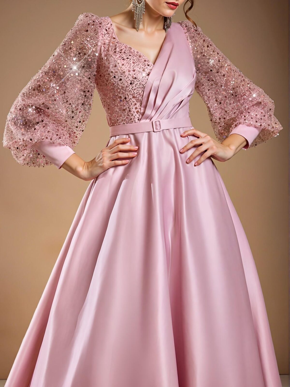 Elegant Pink Beaded Sequin Patchwork Satin Maxi Dress with Detachable Belt, Ideal for Weddings, Parties, Vacations, Graduations, Proms, Mother of the Bride, and Formal Evening Occasions. Perfect for party, prom, graduation day, and ceremony for university, college, and high school, Formal Evening Dinner Cocktail, Wedding Guest Gown, Chic, Classy and Trendy Fashion Style to Dress to Impress. - Image 3