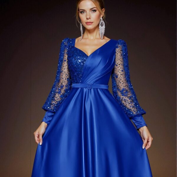 Elegant Royal Blue Beaded Sequin Patchwork Satin Maxi Dress with Detachable Belt, Perfect Wedding Guest Attire for Ceremony, Graduation, Party, Prom, or Mother of the Bride, Chic and Classy Evening Gown, Ideal for Formal Events and Trendy Fashion to Dress to Impress.