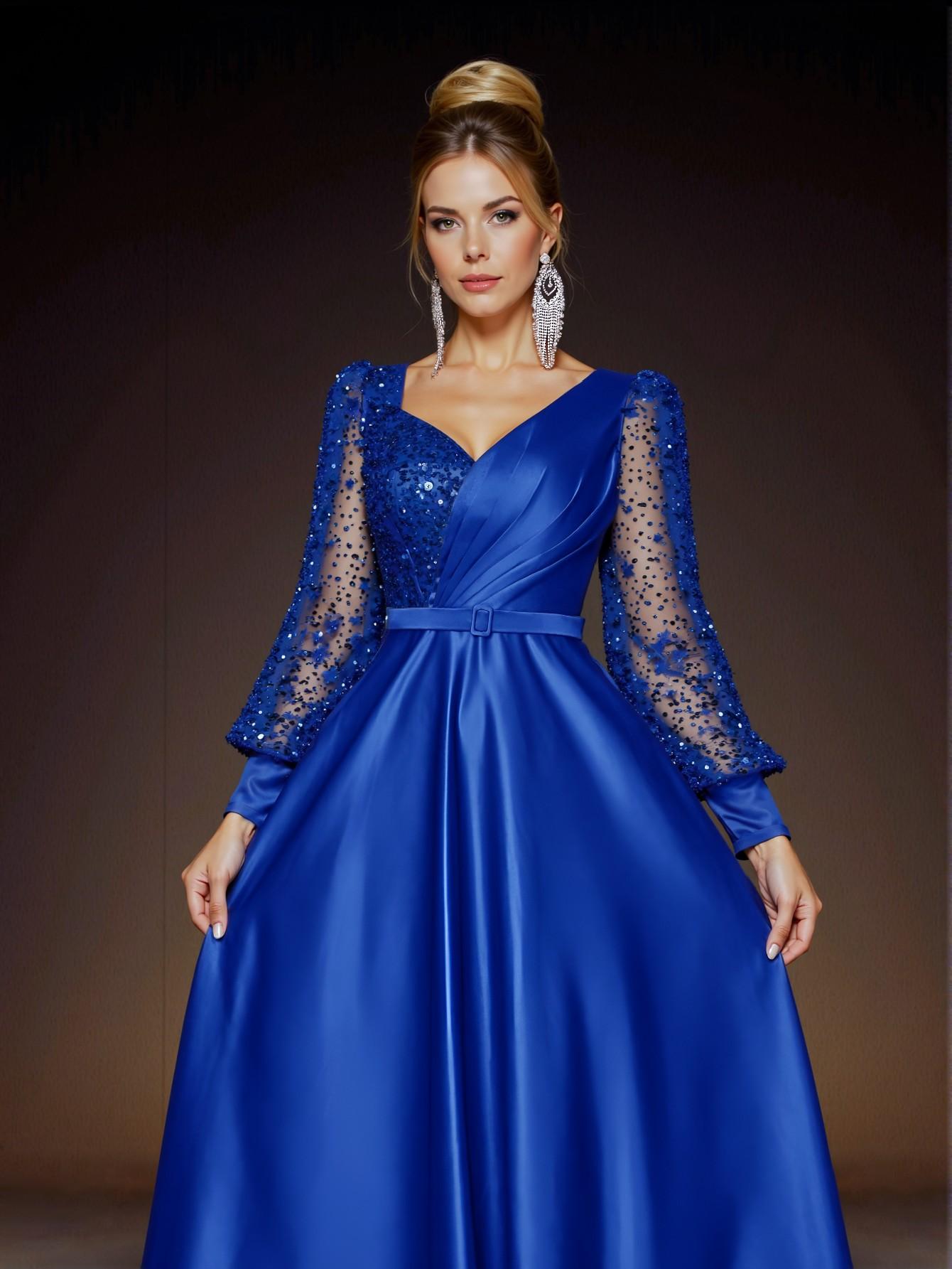 Elegant Royal Blue Beaded Sequin Patchwork Satin Maxi Dress with Detachable Belt, Perfect Wedding Guest Attire for Ceremony, Graduation, Party, Prom, or Mother of the Bride, Chic and Classy Evening Gown, Ideal for Formal Events and Trendy Fashion to Dress to Impress.