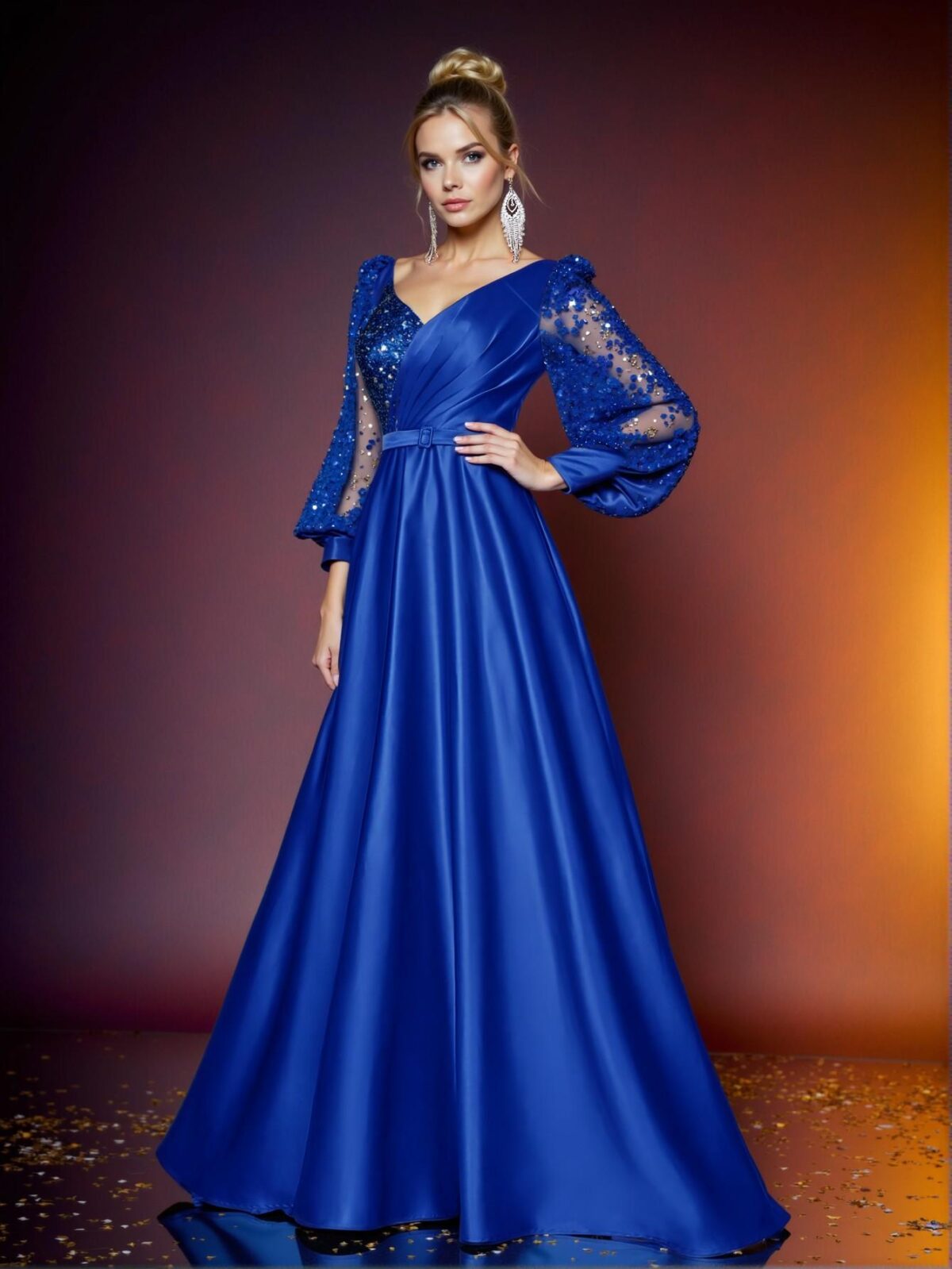 Elegant Royal Blue Beaded Sequin Patchwork Satin Maxi Dress with Detachable Belt, Perfect Wedding Guest Attire for Ceremony, Graduation, Party, Prom, or Mother of the Bride, Chic and Classy Evening Gown, Ideal for Formal Events and Trendy Fashion to Dress to Impress. - Image 3