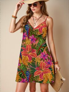 Elegant Multicolor Casual Sleeveless Dress with Tropical Floral Print, Perfect for Summer Vacations and Beach Outings – Chic, Classy and Trendy Fashion Style to Dress to Impress