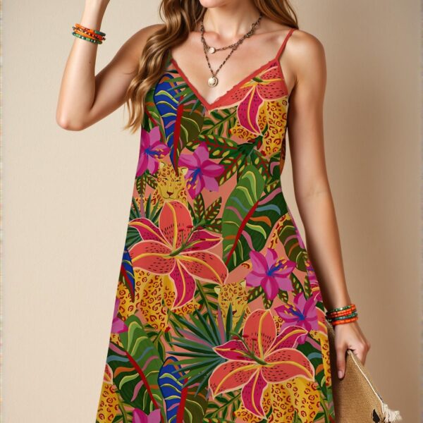 Elegant Multicolor Casual Sleeveless Dress with Tropical Floral Print, Perfect for Summer Vacations and Beach Outings – Chic, Classy and Trendy Fashion Style to Dress to Impress