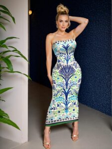 Elegant Multicolor Strapless Bodycon Dress with Floral Design for Summer Getaways, Bohemian Inspired Fashion Perfect for Spring and Summer Adventures, Chic, Classy and Trendy Style to Dress to Impress