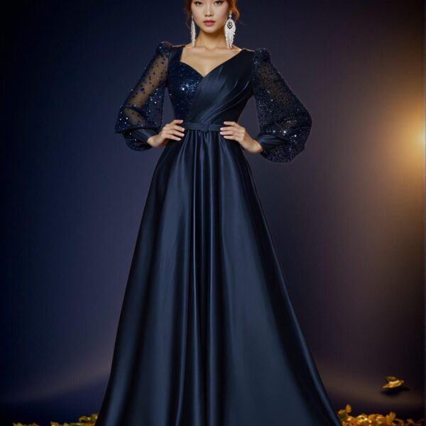 Elegant Navy Blue Long Sleeve Sequin Patchwork Satin Dress with Detachable Belt for Weddings, Parties, Vacations, Graduations, Proms, and Formal Events, Perfect for party, prom, graduation day, and ceremony for university, college, and high school, Formal Evening Dinner Cocktail, Wedding Guest Gown, Chic, Classy and Trendy Fashion Style to Dress to Impress.