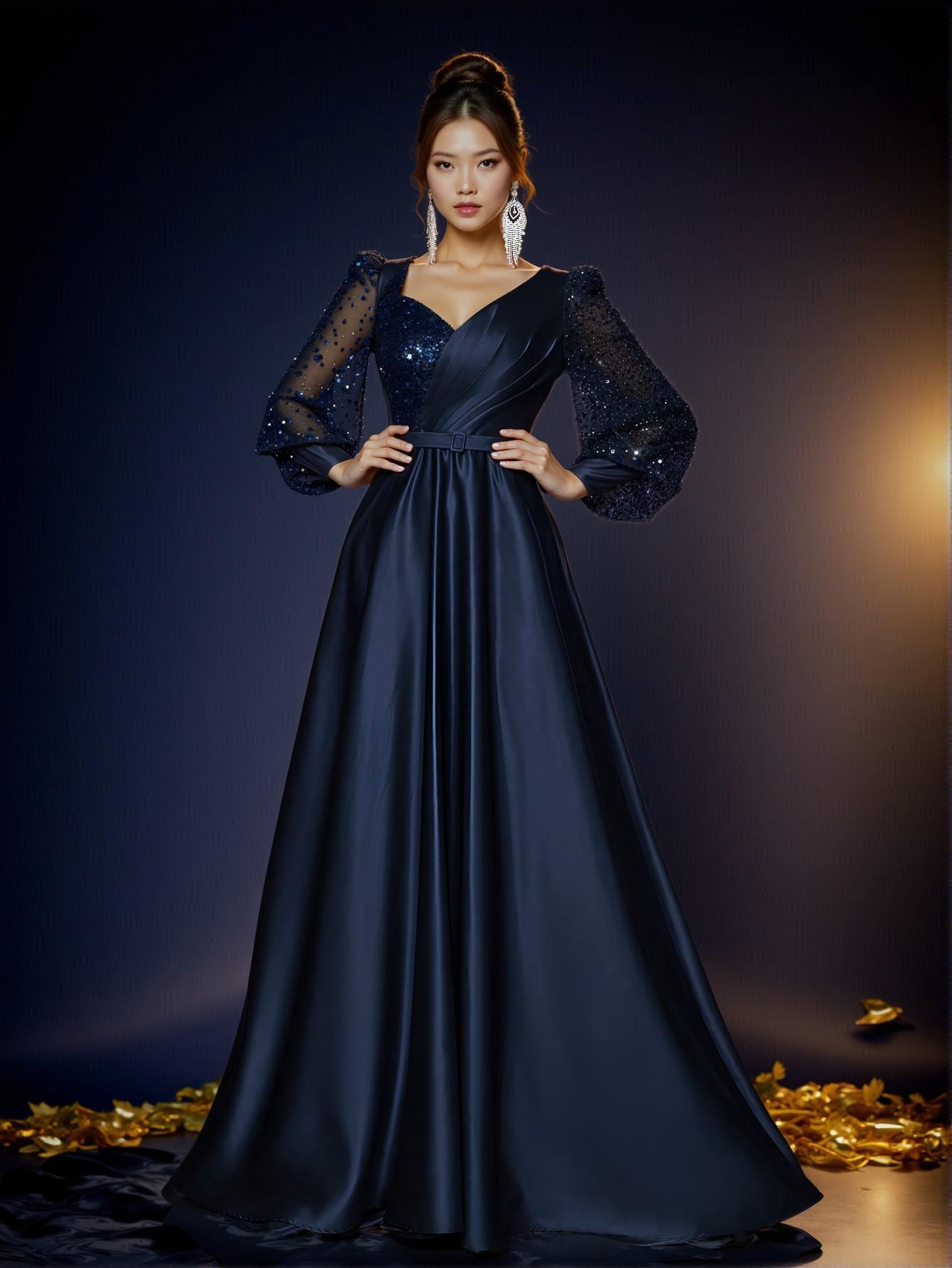 Elegant Navy Blue Long Sleeve Sequin Patchwork Satin Dress with Detachable Belt for Weddings, Parties, Vacations, Graduations, Proms, and Formal Events, Perfect for party, prom, graduation day, and ceremony for university, college, and high school, Formal Evening Dinner Cocktail, Wedding Guest Gown, Chic, Classy and Trendy Fashion Style to Dress to Impress.